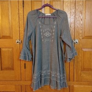 Indigo Soul blue ruffle 3/4 sleeve boho embroidered dress